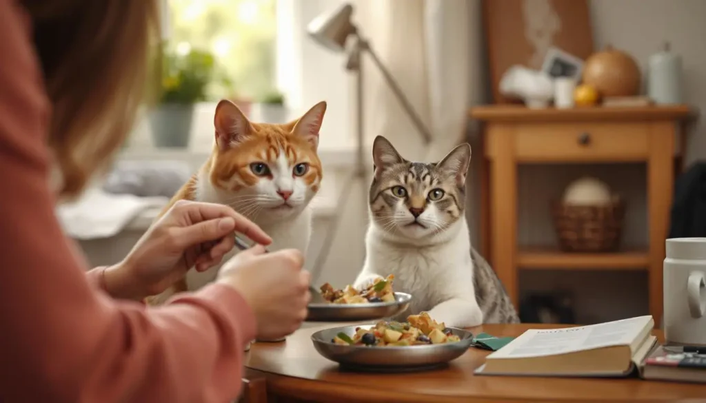 A person serving a plated homemade meal to their cat with a veterinarian’s guidebook nearby.