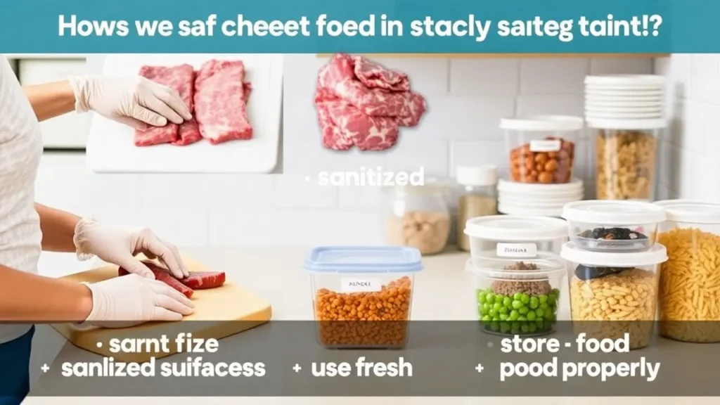 A clean kitchen setup with a pet owner wearing gloves, sanitized tools, and fresh ingredients being safely prepared for a homemade cat meal.