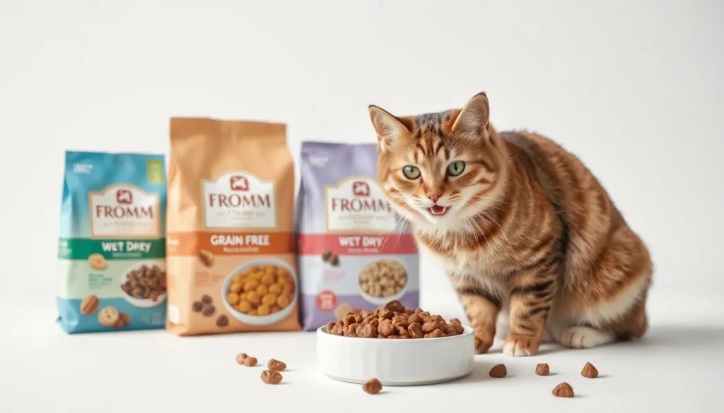 Premium Fromm cat food packaging showcasing high-quality ingredients like chicken, vegetables, and grains.