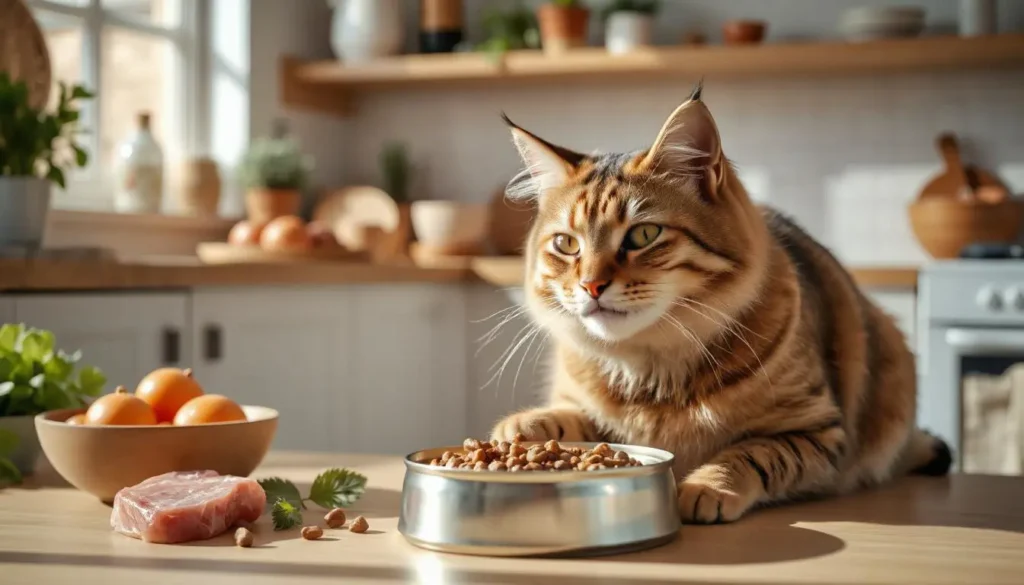 A satisfied cat enjoying grain-free canned food surrounded by wholesome natural ingredients.