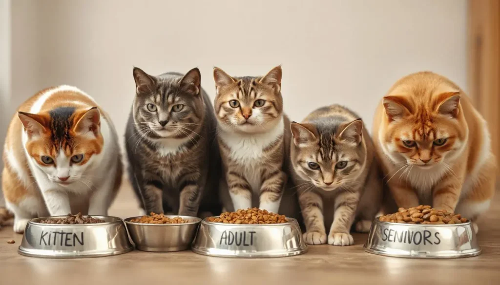 Cats of various ages and sizes eating from labeled bowls with appropriate food for kittens, adults, and seniors, set in a cozy feeding area.