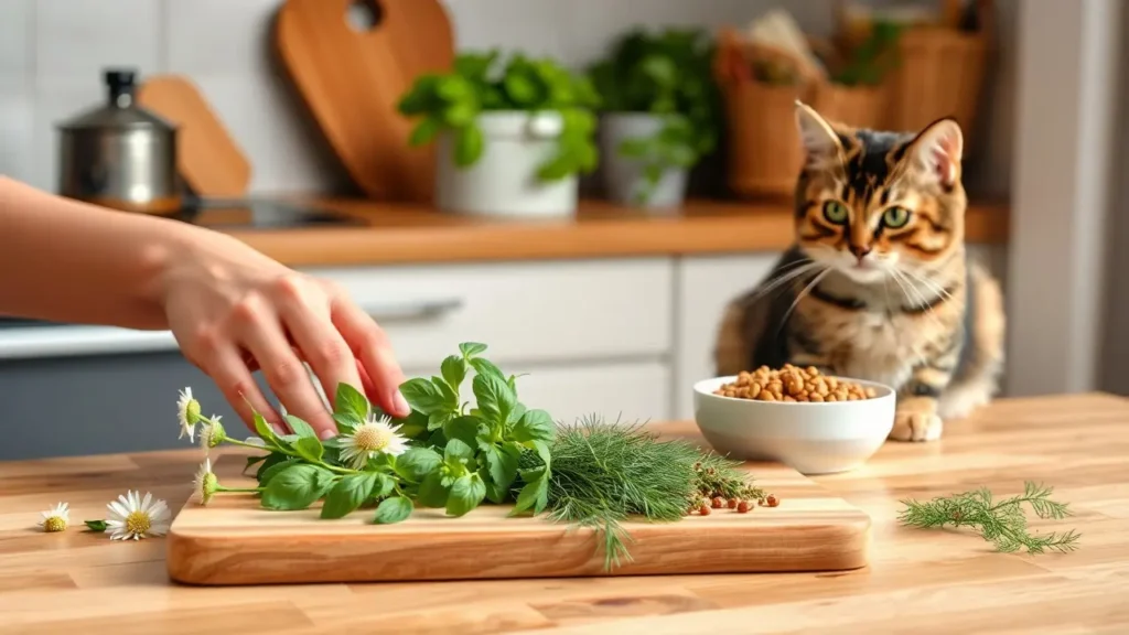 A cat curiously watching a pet owner prepare fresh herbs like basil and chamomile on a cutting board, with a bowl of cat food nearby.