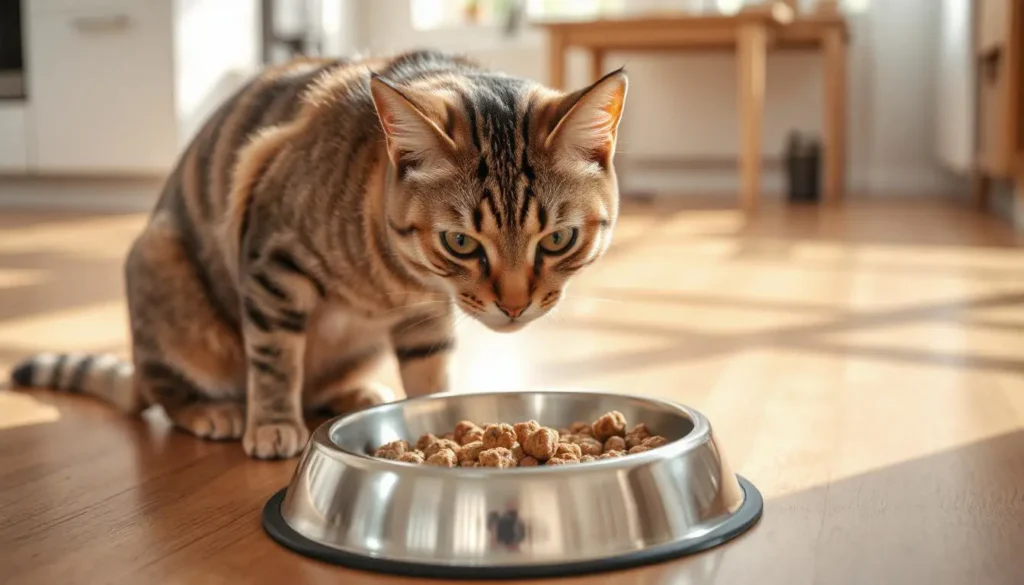 A happy tabby cat enjoying premium food from a stainless-steel bowl.