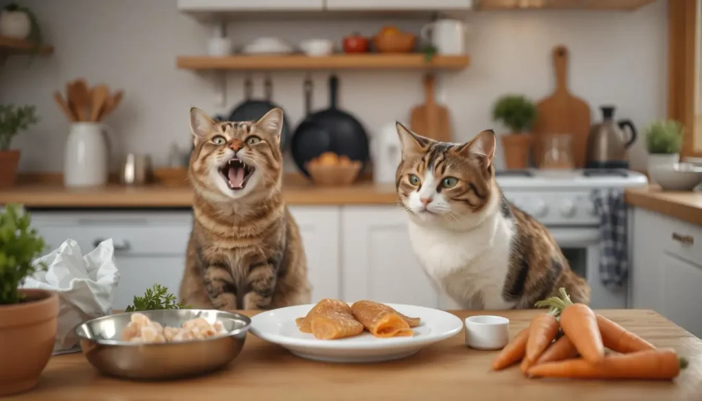 A person preparing homemade cat food with fresh ingredients like chicken, salmon, and vegetables, with a happy cat watching on the counter.