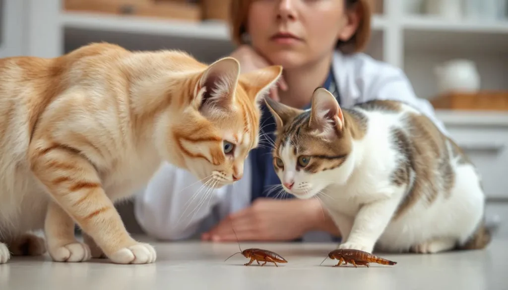 A cat owner observing their cat sniffing a cockroach indoors.