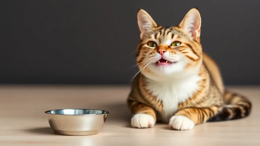 A happy cat licking its lips, sitting near an empty treat bowl.