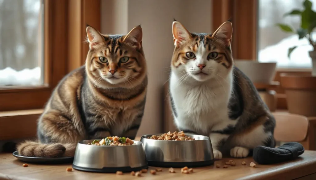 A cozy indoor scene with a happy cat sitting beside a bowl of homemade cat food featuring chicken, sweet potatoes, and spinach, with a snowy window in the background.