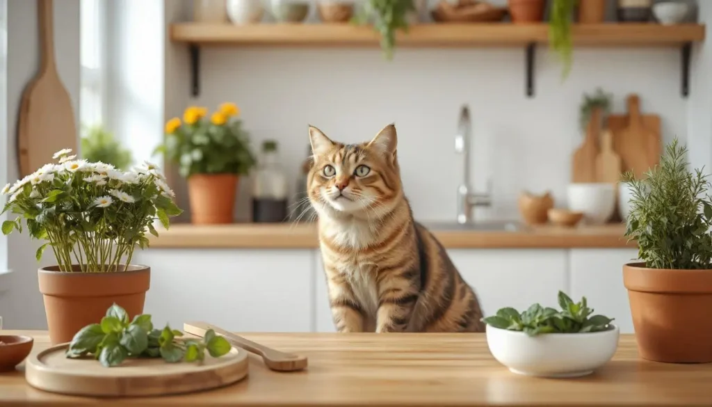 A curious cat sitting on a countertop surrounded by fresh herbs safe for cats, such as chamomile, dill, and peppermint, with a cozy, modern kitchen setting in the background.