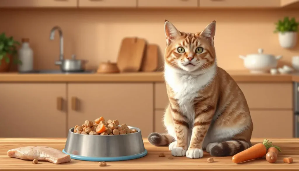 A happy domestic cat eating homemade wet cat food in a cozy kitchen setting.