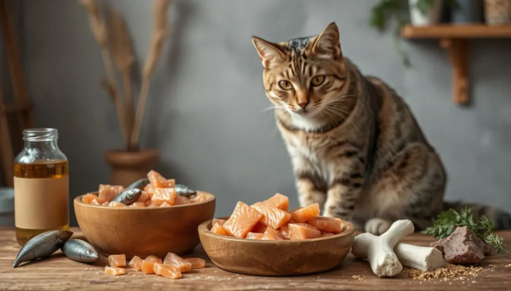 A healthy tabby cat gazing at a bowl of raw cat food made from fresh fish, chicken liver, and ground bones.