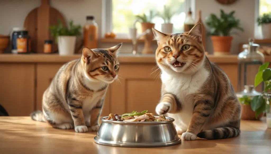 An active cat eating a bowl of homemade high-protein cat food in a cozy kitchen.