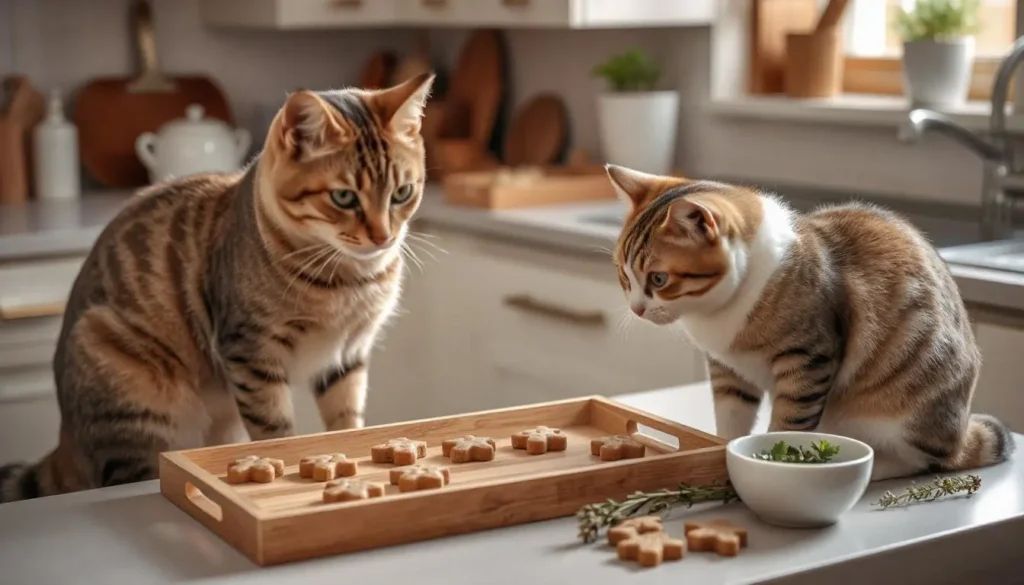 A cozy kitchen setting with a tray of freshly baked homemade cat treats and a curious cat sniffing them.