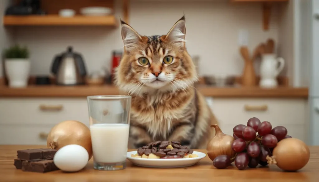 A curious domestic short-haired cat sitting near a table filled with human foods like chocolate, onions, grapes, a glass of milk, and a raw egg, with a warning sign overlayed. The scene is set in a cozy kitchen.