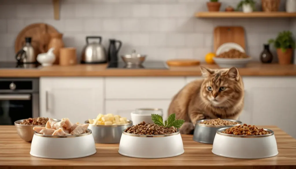 A variety of homemade cat food bowls on a kitchen counter, showcasing different fresh ingredients like raw chicken, turkey, fish, vegetables, and spices. The scene is warm and inviting, with a focus on healthy, natural ingredients for different cat breeds. Include a Maine Coon and Ragdoll cat in the background, looking satisfied and healthy. The kitchen is clean and modern with soft lighting.