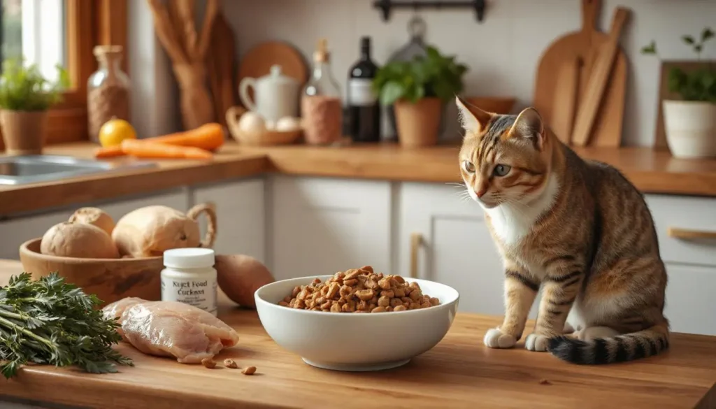 A cozy kitchen with a bowl of freshly prepared DIY cat food, surrounded by fresh ingredients like chicken, carrots, sweet potatoes, and taurine powder. A playful cat sits nearby, eagerly waiting.