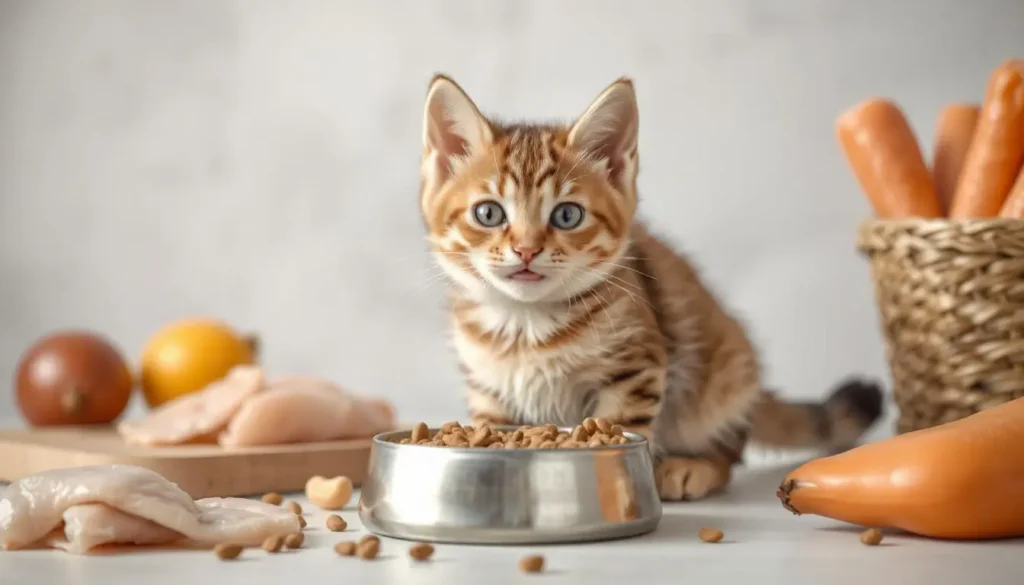 Kitten eating raw food with fresh ingredients like chicken, turkey, and fish around it.