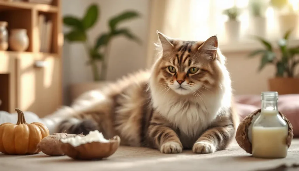 A content cat grooming itself in a cozy home, with natural hairball remedies like pumpkin, sweet potatoes, and coconut oil surrounding it.