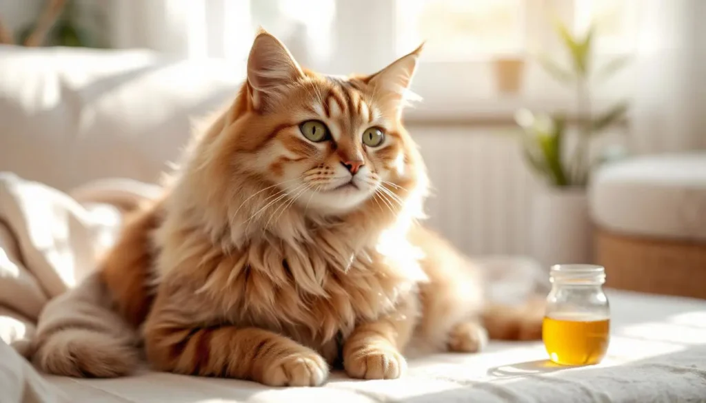 A healthy, shiny cat with a glossy coat sitting comfortably, representing the benefits of Omega 3 fatty acids for cats.