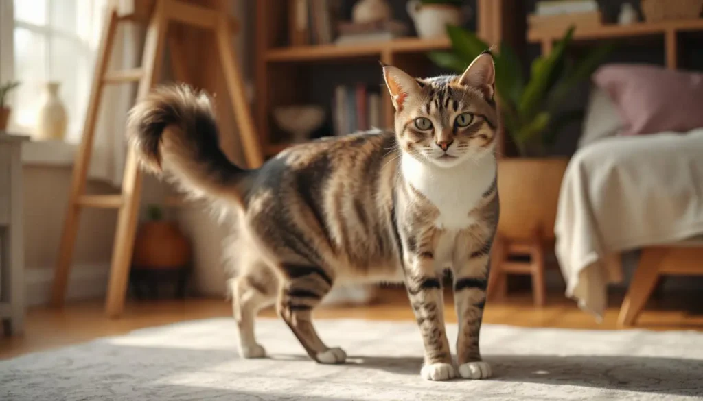 A playful and affectionate Japanese Bobtail cat with a short, pompom-like tail, surrounded by warm and cozy home decor.