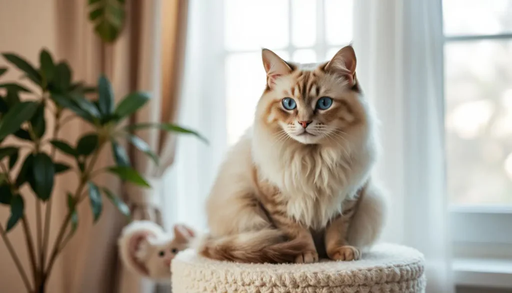 A stunning Balinese cat with striking blue eyes and a silky, pointed coat, perched gracefully in a cozy and welcoming home environment.