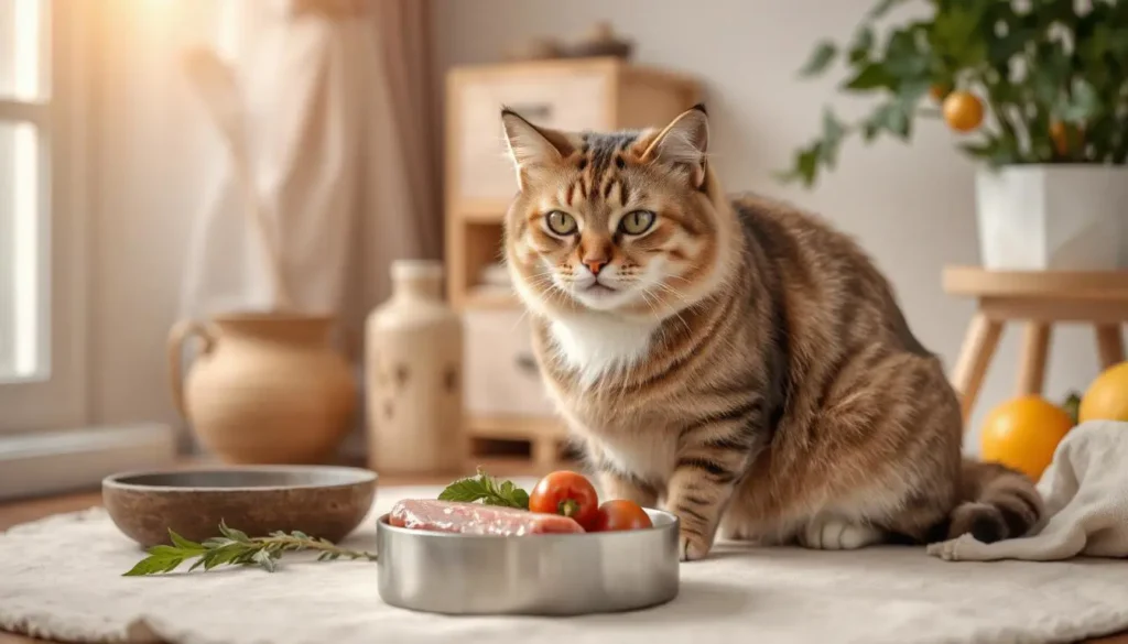 A cat enjoying a healthy raw meal, showcasing the benefits of a Raw diet for cats recipe.