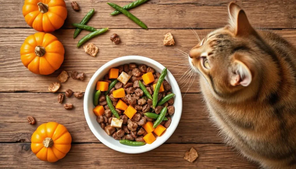 Overhead view of a bowl of homemade cat food with fresh ingredients like pumpkin, green beans, and fish on a wooden table, with a curious cat looking up.