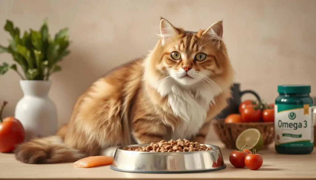 A healthy, well-groomed cat sitting beside a bowl of wet cat food with fresh vegetables, fish, and a bottle labeled Omega 3 in the background.