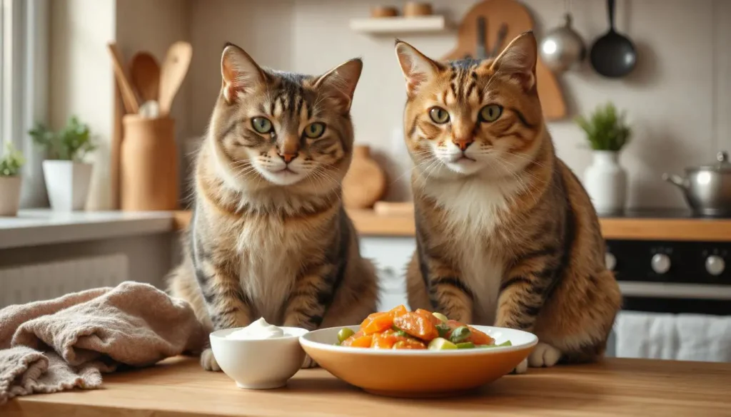 A healthy cat sitting on a kitchen counter beside a bowl of fresh homemade food with salmon, vegetables, and yogurt.