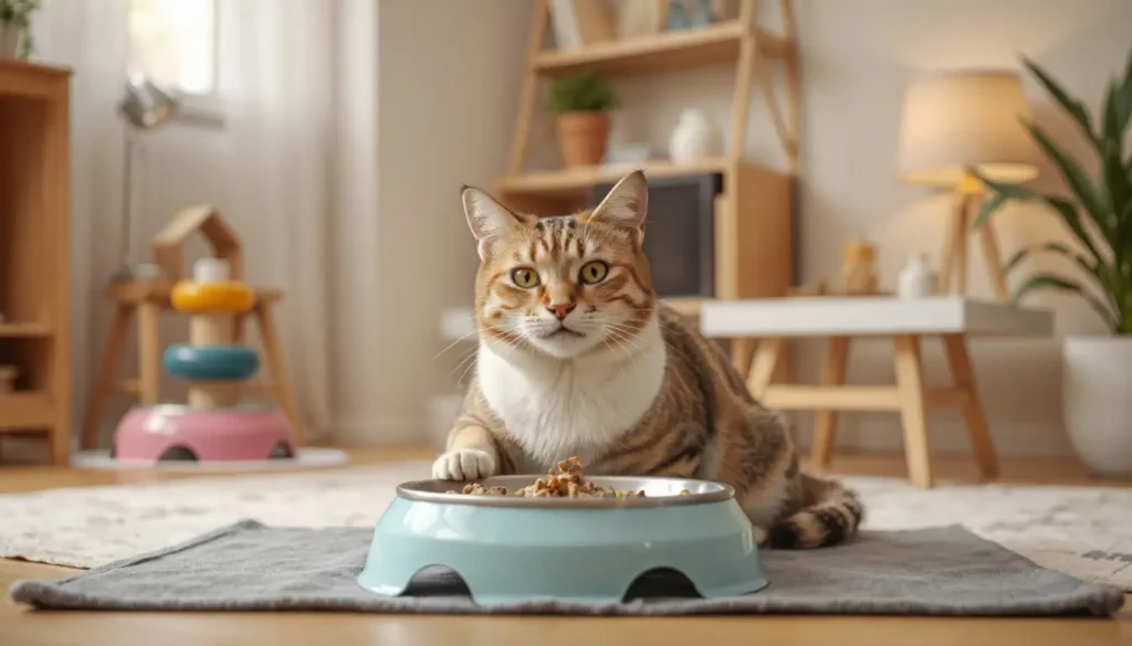 Peaceful home setting with a cat enjoying a well-organized feeding area, elevated feeding spots, and food puzzle toys.