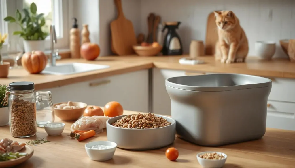 A person preparing homemade cat food in a cozy kitchen with fresh ingredients like chicken, vegetables, and a modern cat food storage container.