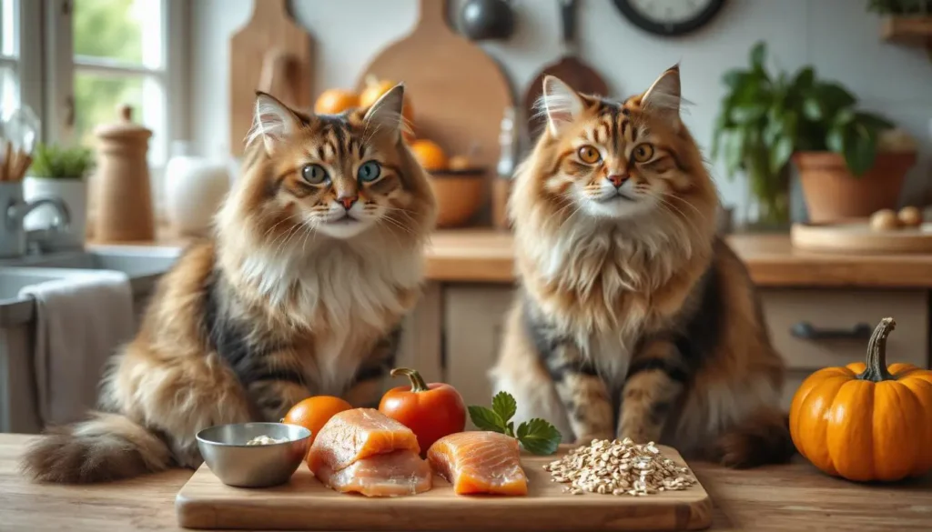 A fluffy cat sitting beside a wooden cutting board with fresh chicken, salmon, oats, and pumpkin, representing healthy, homemade cat food recipes.