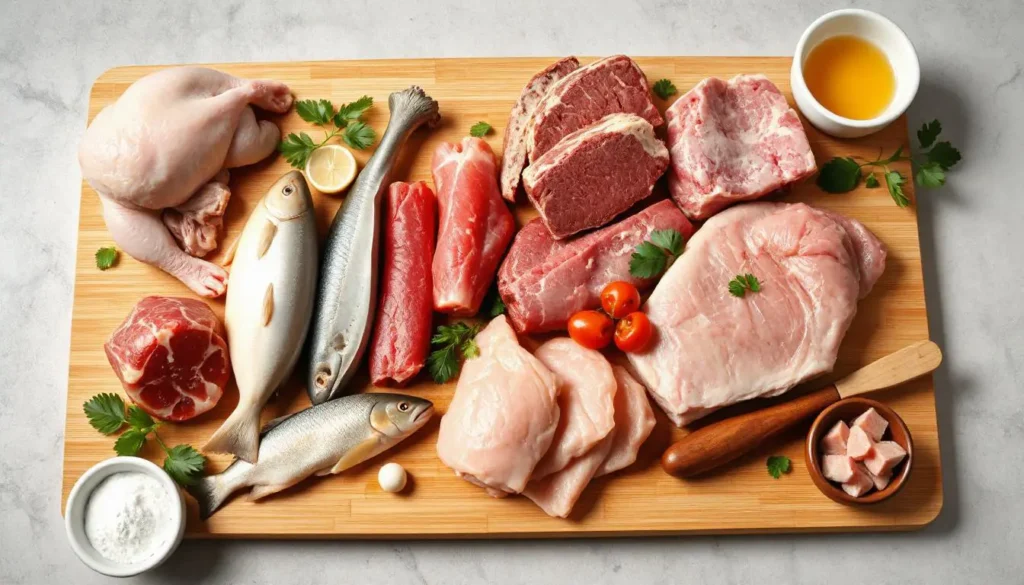 A variety of fresh raw meats on a wooden cutting board, including chicken, rabbit, turkey, duck, beef, lamb, quail, fish, venison, and goat.