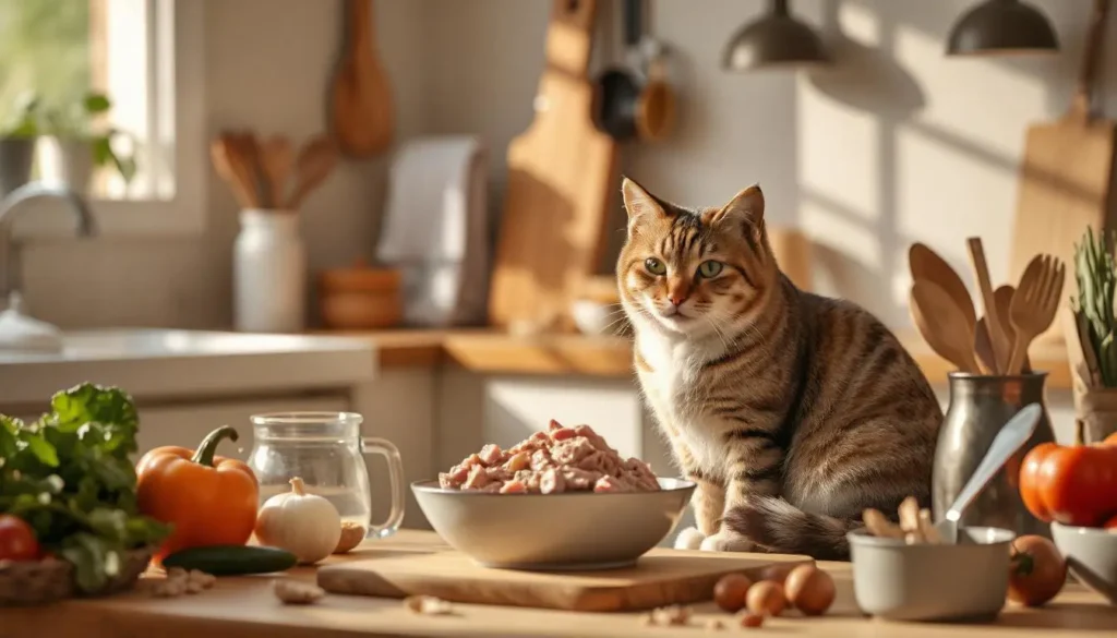 A cat near a bowl of fresh raw meat and vegetables in a cozy kitchen setting.