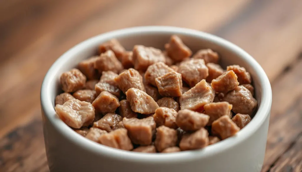 Close-up of a bowl of Weruva cat food with visible high-quality meat chunks like chicken and beef.