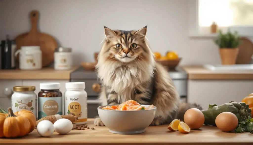 A fluffy cat sitting beside a bowl of fresh ingredients like chicken, salmon, pumpkin, and eggs on a kitchen counter.