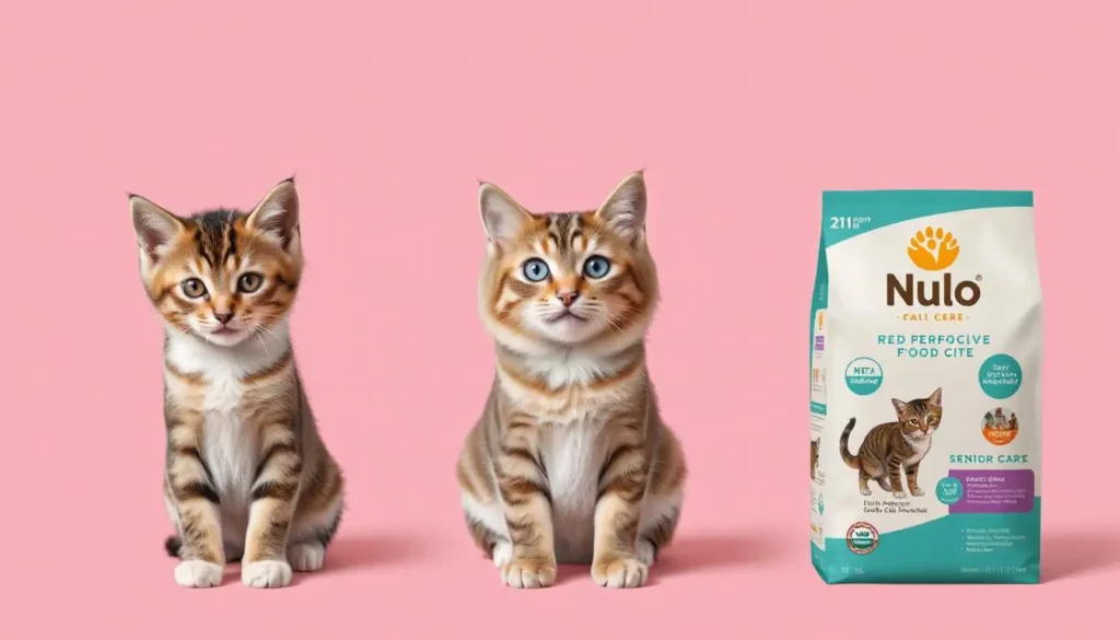 A kitten, adult cat, and senior cat with corresponding Nulo products.