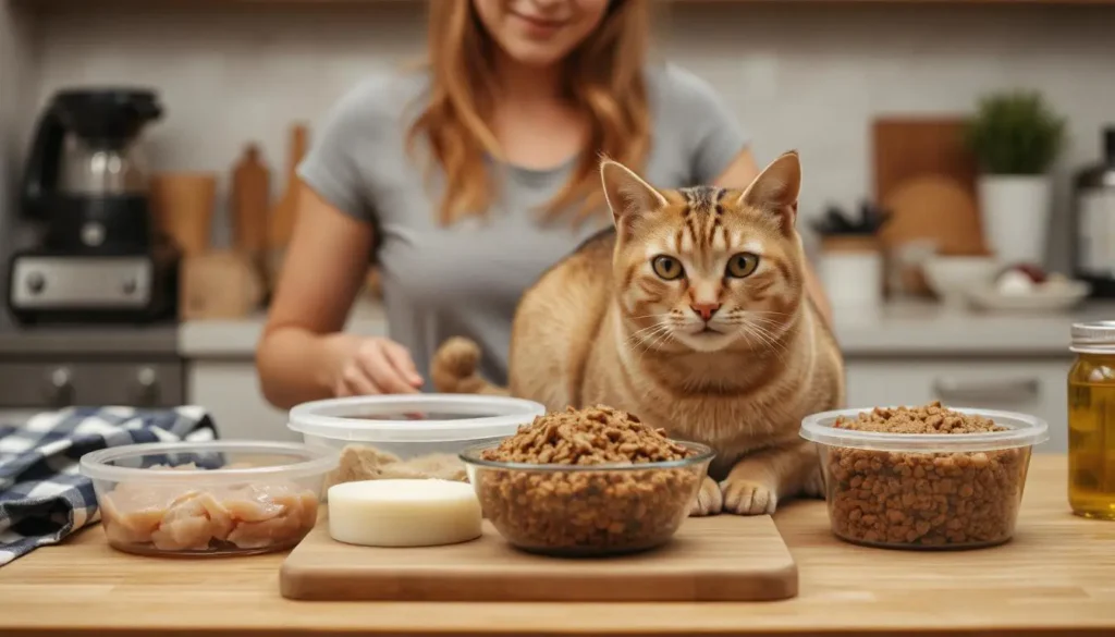 A kitchen scene with fresh ingredients for cat food, including chicken and fish oil, being ground and portioned into containers.