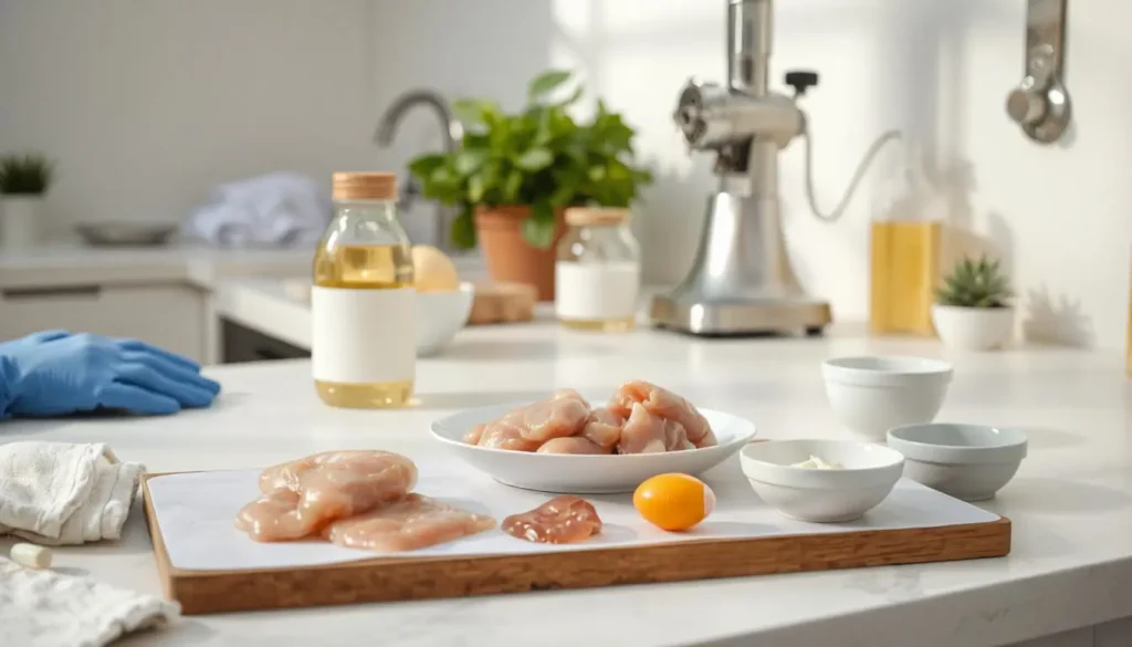 Ingredients for homemade raw cat food on a clean countertop, including raw chicken, liver, egg yolk, fish oil capsules, and a multivitamin supplement, with tools like a meat grinder and digital scale in the background.