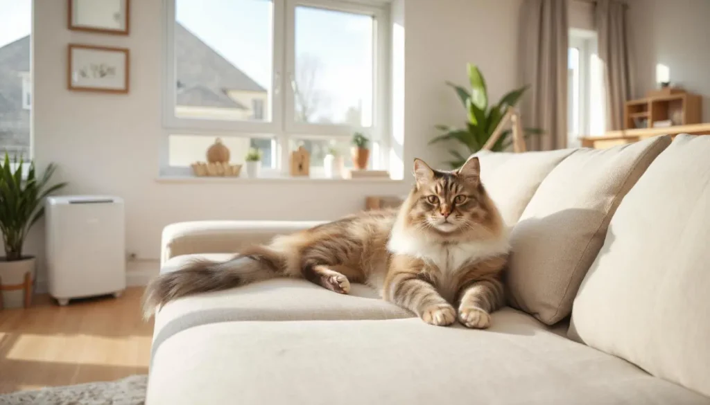 A Siberian cat relaxing on a cozy couch in a clean, allergy-friendly living room.