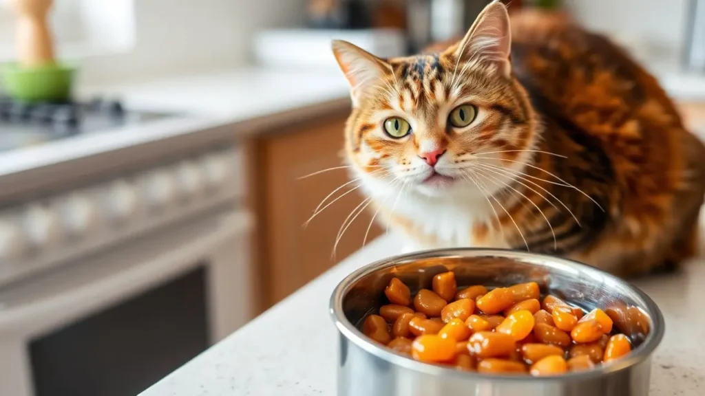 A content-looking cat beside a bowl of wet food in a bright kitchen setting.