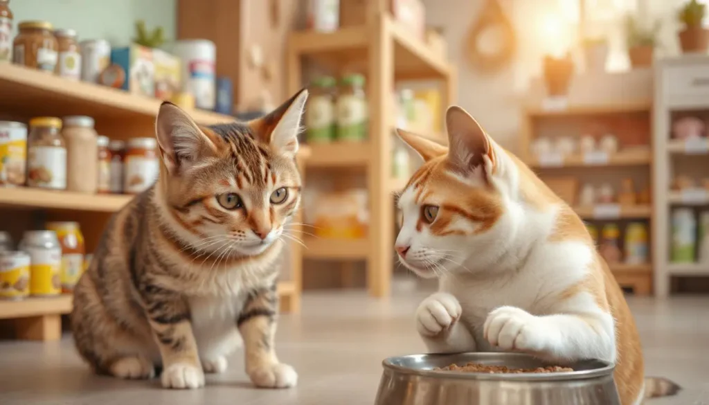 A pet owner choosing between canned cat food and dry kibble, highlighting the superior nutritional value of the wet food option.