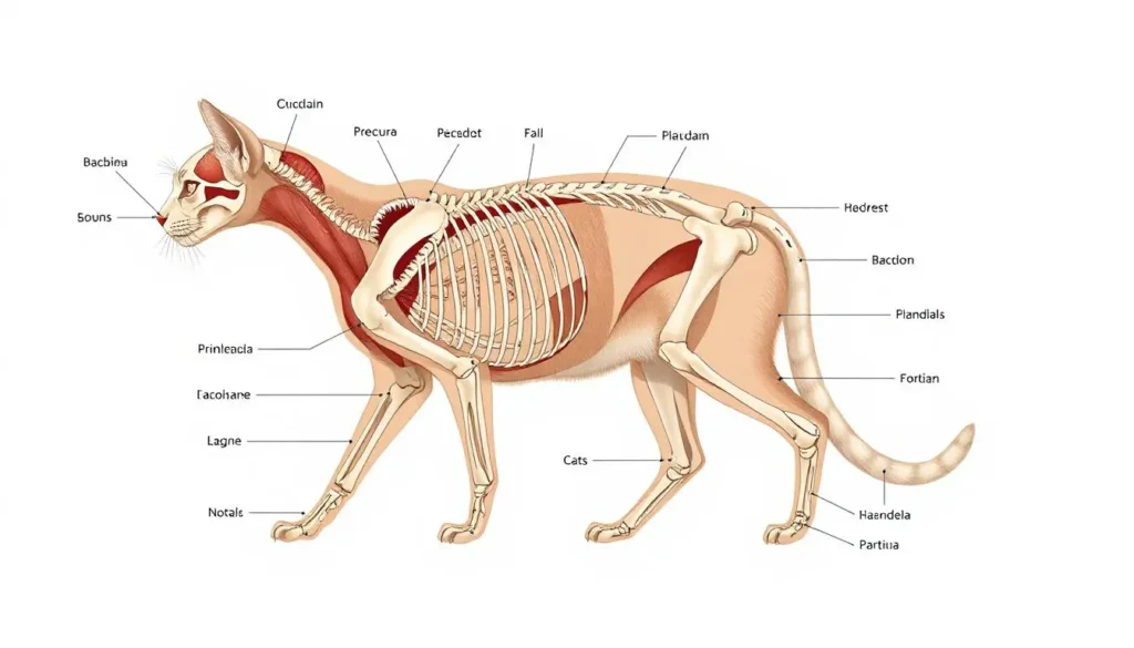 Diagram showing the overall anatomy of a cat, including its skeletal and muscular structure.