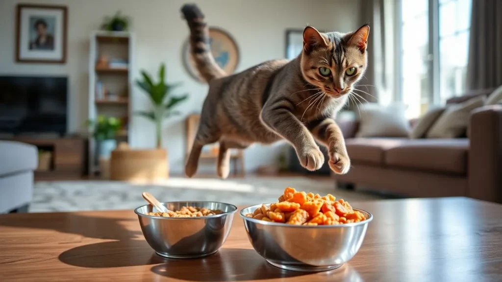 Active cat jumping and playing in a living room near a bowl of high-protein wet cat food.