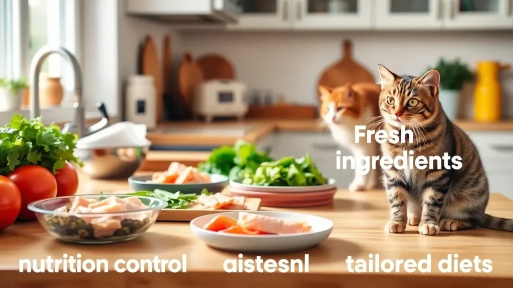 A bright kitchen with fresh ingredients like chicken, fish, and leafy greens being prepared for a homemade cat meal, while a curious tabby cat observes.