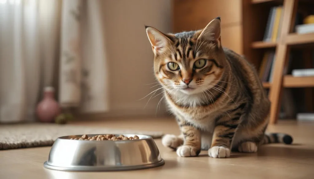 A cat looking skeptical beside a bowl of Weruva cat food, symbolizing the struggle of picky eaters.