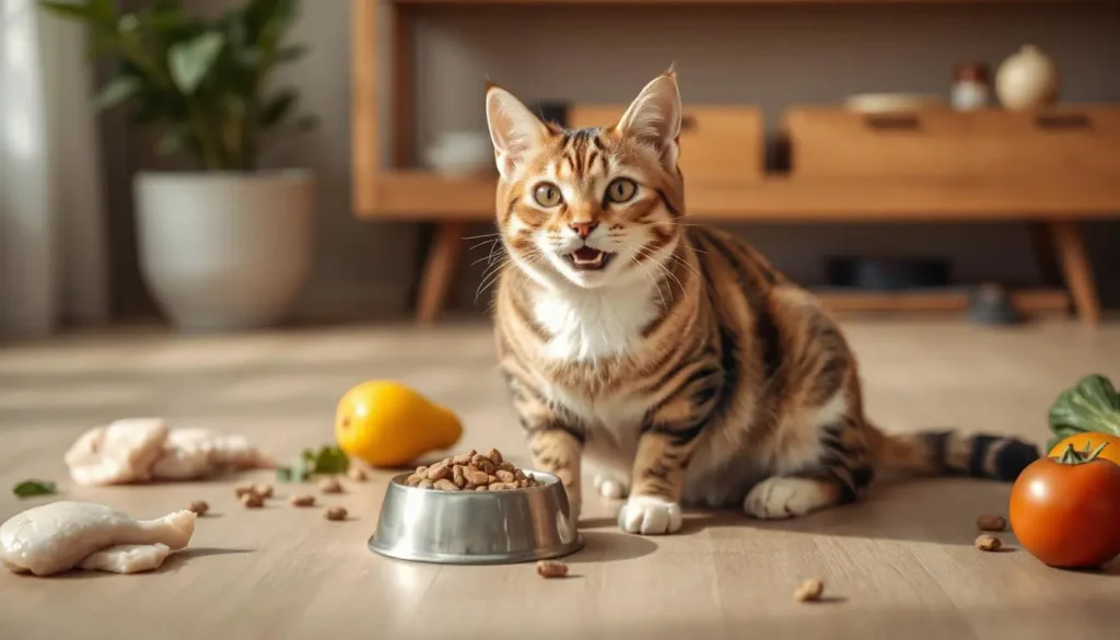 Happy cat enjoying a bowl of Purina Beyond Cat Food, surrounded by fresh ingredients like chicken, fish, and vegetables.