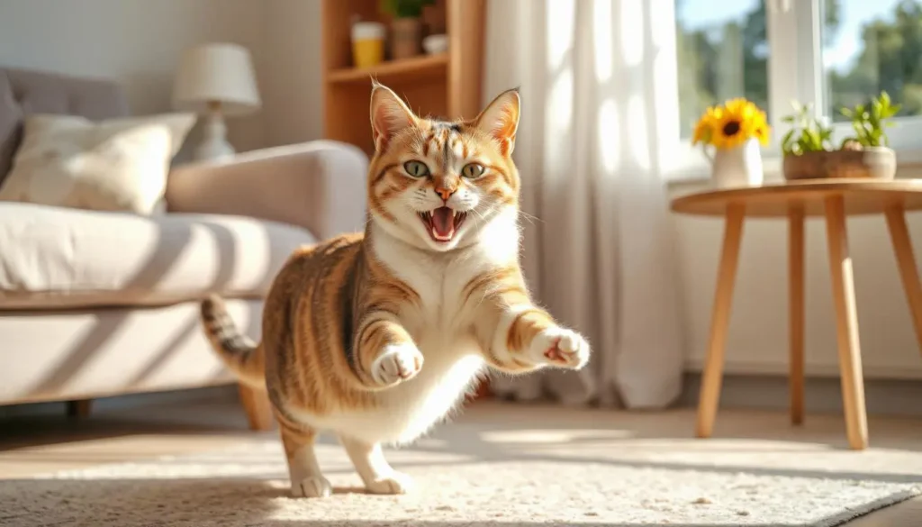 An energetic cat playing in a sunlit room, with a bowl of homemade cat food in the background.