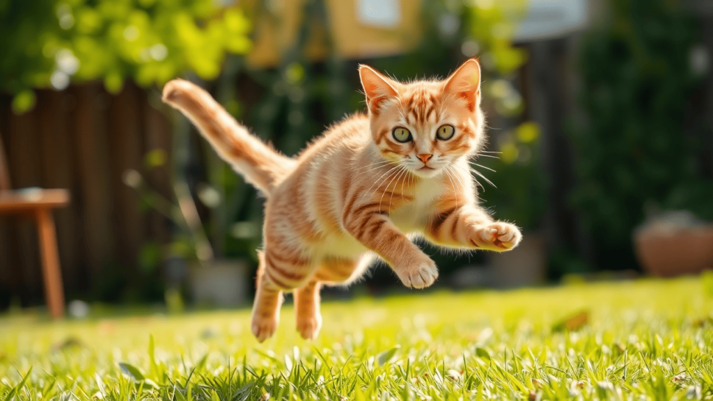 A healthy, active cat running outdoors with a sleek, shiny coat, symbolizing vitality and well-being.