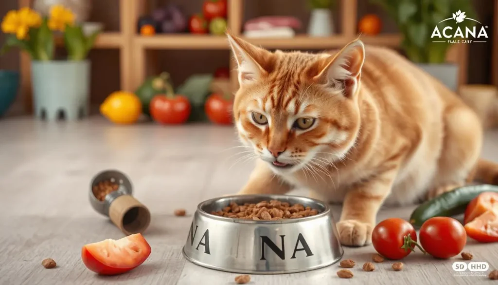 A happy, healthy active cat eating Acana cat food from a bowl, surrounded by fresh ingredients like meat, vegetables, and fish.