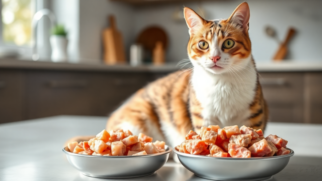 A healthy domestic cat sitting near a bowl of fresh, raw cat food in a clean kitchen.